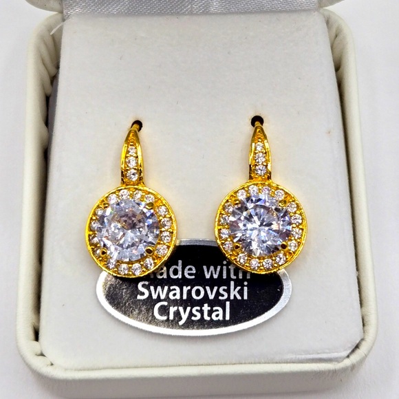 Swarovski Jewelry - NIB Beautiful Swarovski Crystal Halo Dangling Earrings Gold Overlay New in Box